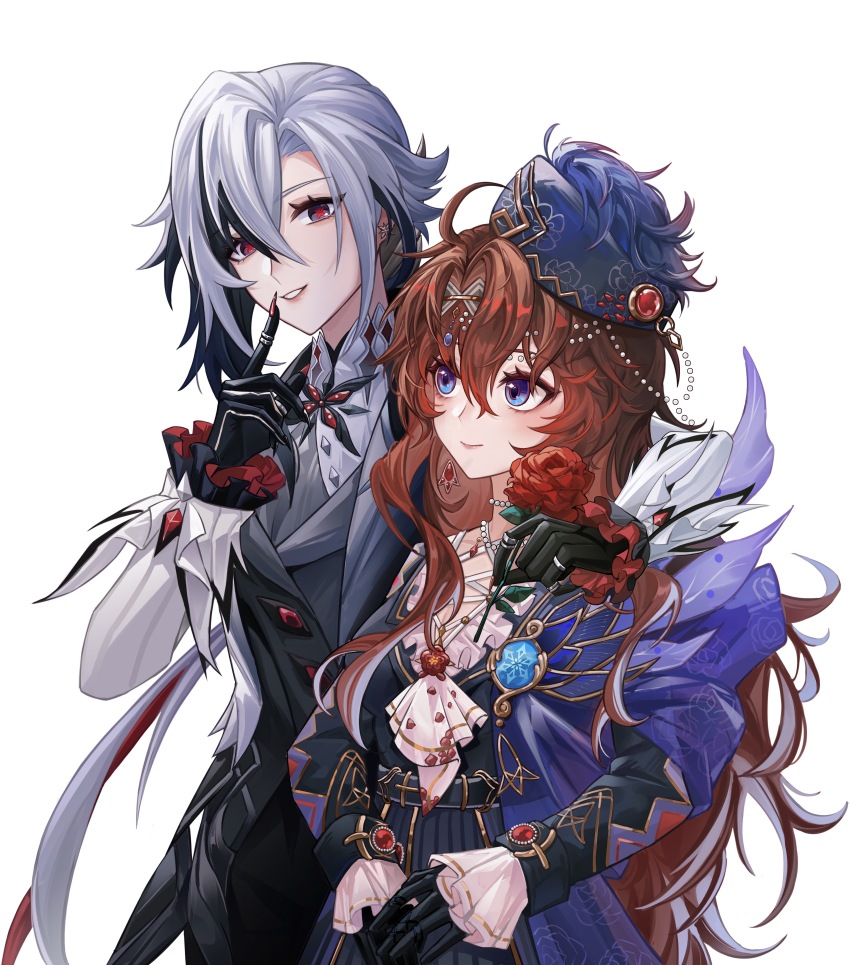 2girls absurdres arlecchino_(genshin_impact) arm_behind_another&#039;s_back artist_self-insert black_gloves blue_dress blue_eyes closed_mouth collared_jacket commentary commission couple dress english_commentary flower frilled_sleeves frills from_side genshin_impact gloves grey_hair grey_jacket grey_vest hair_between_eyes hair_ornament hairclip hand_up hat head_tilt highres holding holding_flower inaterayukiha index_finger_raised jacket jewelry leaning_on_person leaning_to_the_side light_blush light_smile long_hair long_sleeves looking_down looking_to_the_side looking_up mixed-language_commentary multicolored_hair multiple_girls oc_x_canon original own_hands_together parted_lips pink_lips red_flower red_pupils red_rose ring rose simple_background standing streaked_hair suit_jacket symbol-shaped_pupils upper_body vest vision_(genshin_impact) wavy_hair white_background x-shaped_pupils x_x yuri