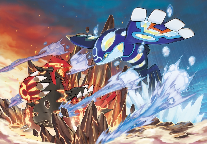 absurdres fighting gen_3_pokemon glowing groudon highres kyogre legendary_pokemon nintendo no_humans official_art open_mouth outdoors pokemon pokemon_(creature) pokemon_oras polar_opposites primal_groudon primal_kyogre rock sugimori_ken water