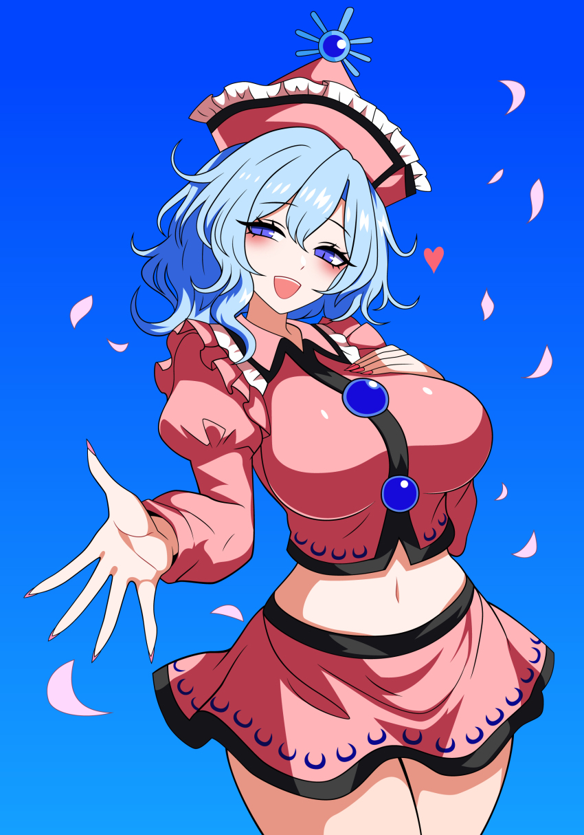 1girl :d absurdres blue_background blue_eyes blue_hair breasts buttons commentary_request cowboy_shot frilled_hat frills gradient_background hat highres juliet_sleeves large_breasts long_sleeves looking_at_viewer merlin_prismriver midriff miniskirt navel offering_hand open_mouth pink_hat pink_shirt pink_skirt puffy_sleeves shirt short_hair skirt smile solo ssaf_seibeupail standing sun_hat_ornament touhou