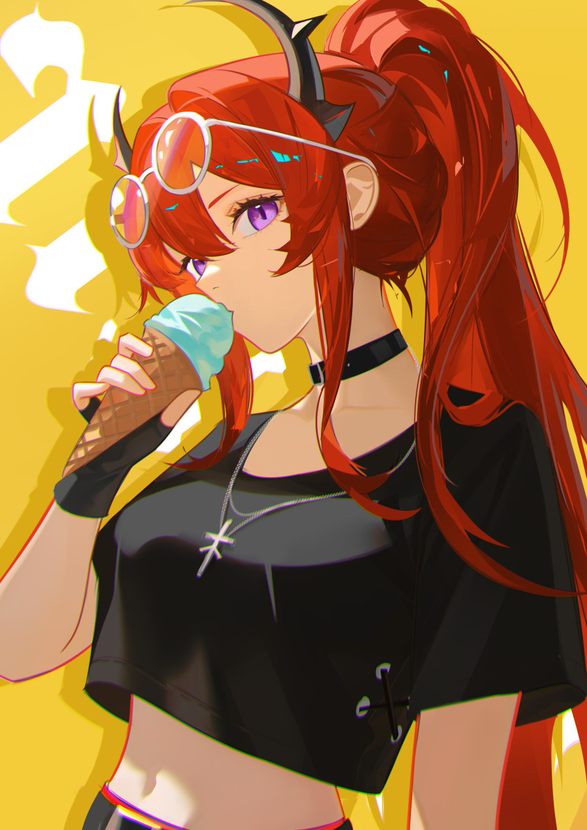 1girl absurdres arknights black_choker black_gloves black_horns breasts choker commentary crop_top crop_top_overhang cropped_shirt demon_girl demon_horns dzyyeee eyewear_on_head fingerless_gloves food gloves hair_between_eyes hair_intakes highres holding holding_food holding_ice_cream horns ice_cream large_breasts long_hair looking_at_viewer midriff navel official_alternate_costume official_alternate_hairstyle ponytail purple_eyes red_hair round_eyewear short_sleeves solo surtr_(arknights) surtr_(liberte_echec)_(arknights)