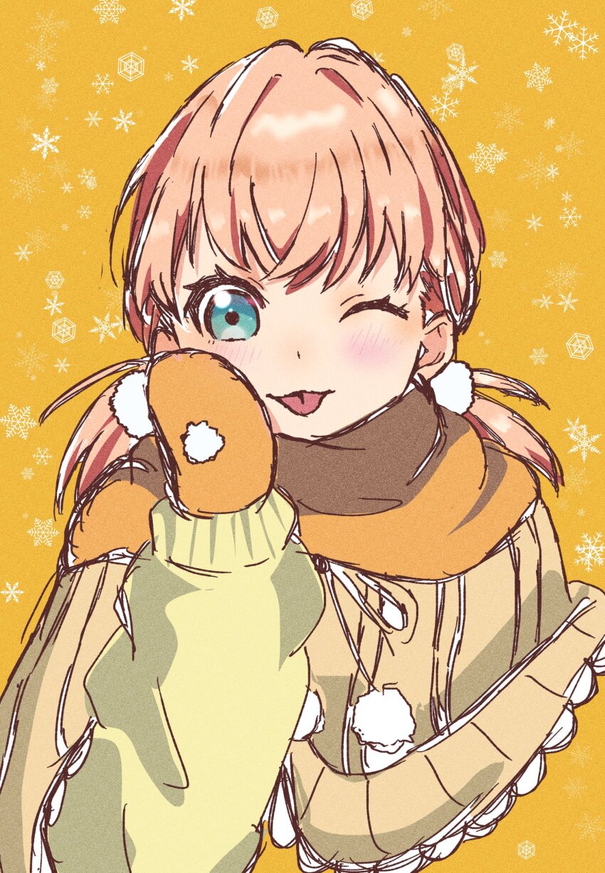 1girl ;p aqu_blue. aqua_eyes blush commentary_request crossed_bangs highres hinoshita_kaho link!_like!_love_live! long_sleeves looking_at_viewer love_live! low_twintails medium_hair mittens one_eye_closed orange_hair orange_mittens orange_scarf scarf snowflake_background solo sweater tongue tongue_out twintails upper_body virtual_youtuber yellow_sweater