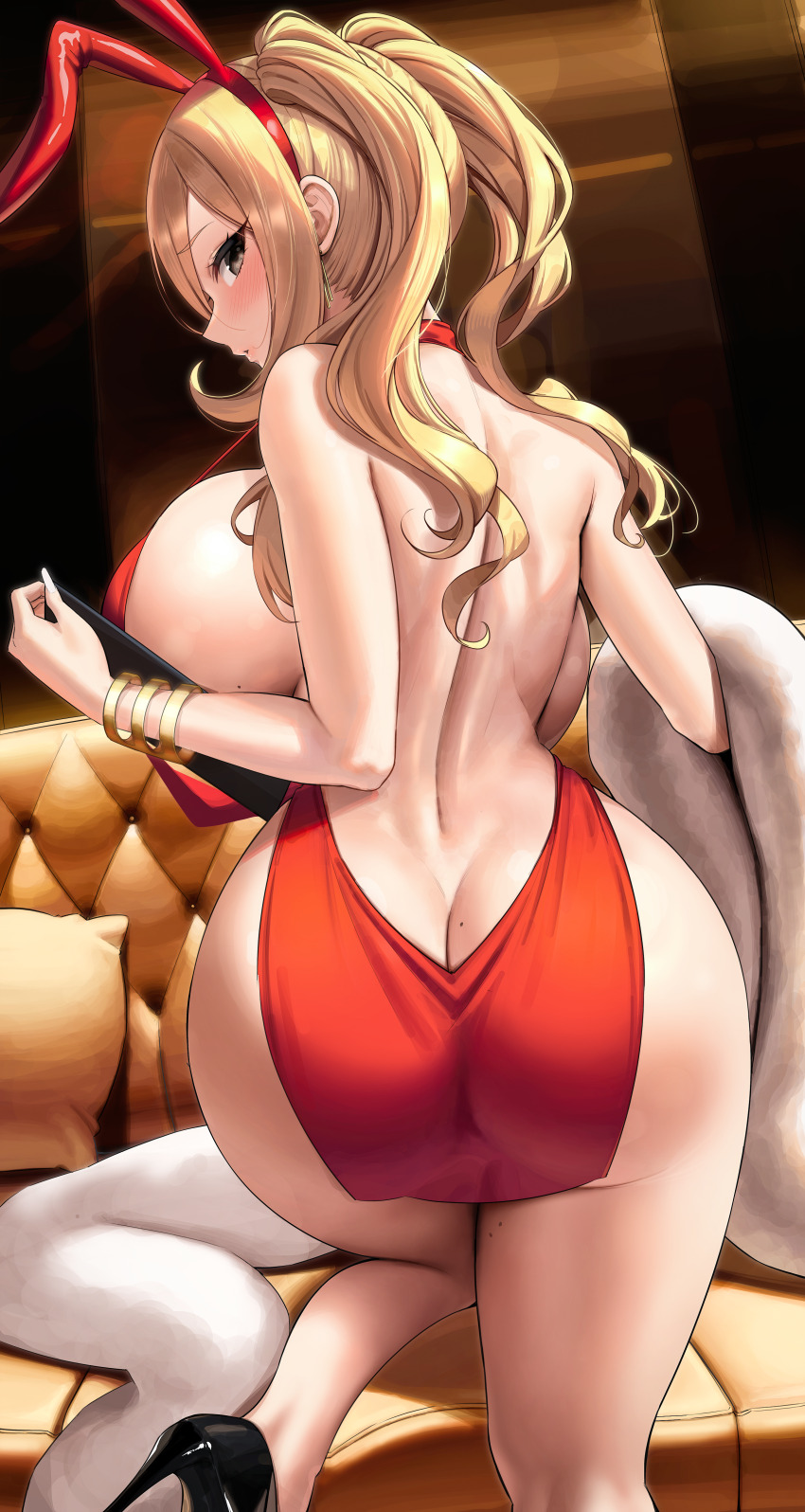 1girl absurdres ass back backboob backless_dress backless_outfit blonde_hair breasts butt_crack cynthia_(pokemon) dress high_heels highres huge_breasts kook long_hair mole mole_on_ass rabbit_ears revealing_clothes