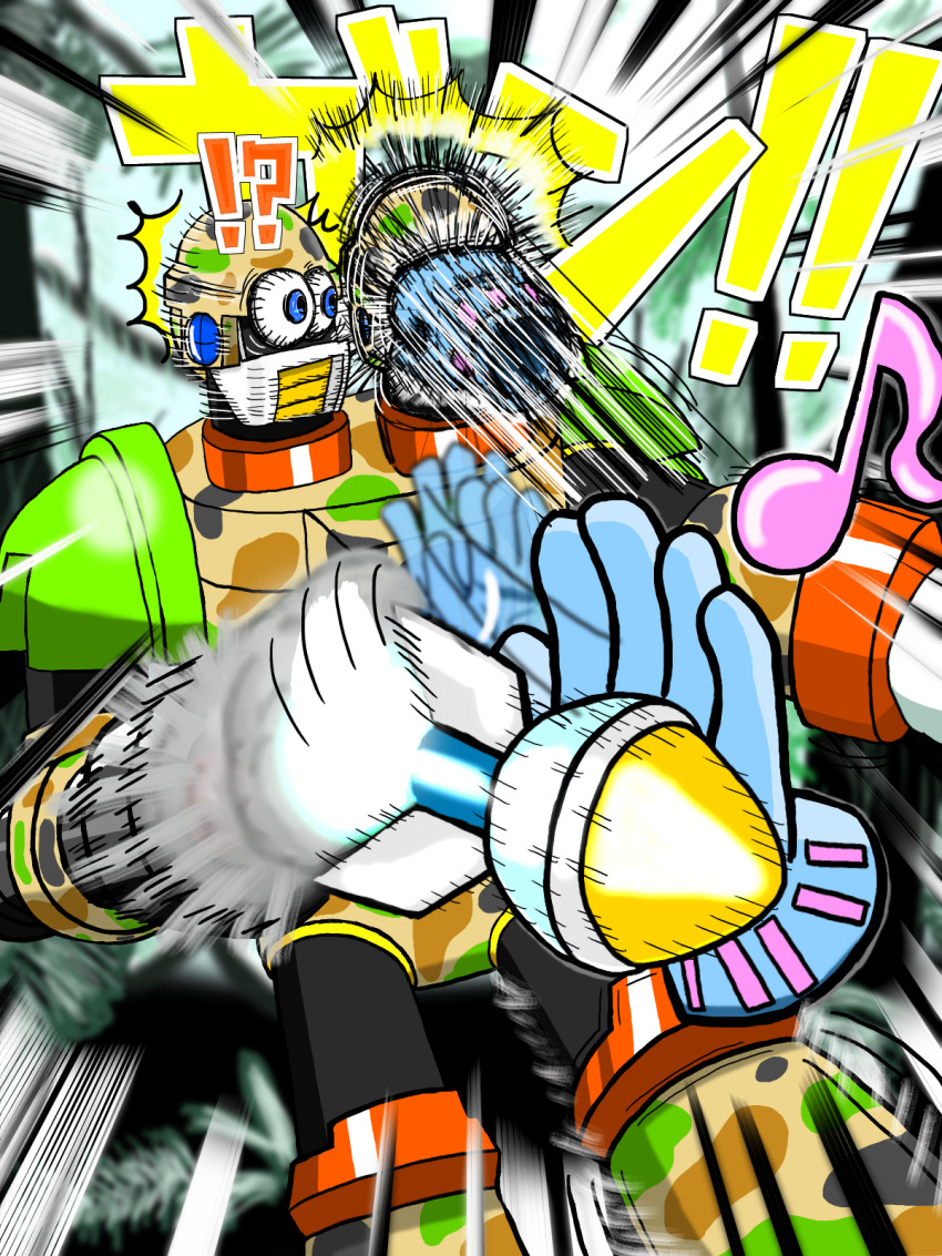 1boy 1girl blue_eyes boku_no_hero_academia capcom crossover gloves hagakure_toru helmet highres invisible mask missile punching robot mega_man_(series) mega_man_(classic) mega_man_8 search_man two_heads wide-eyed
