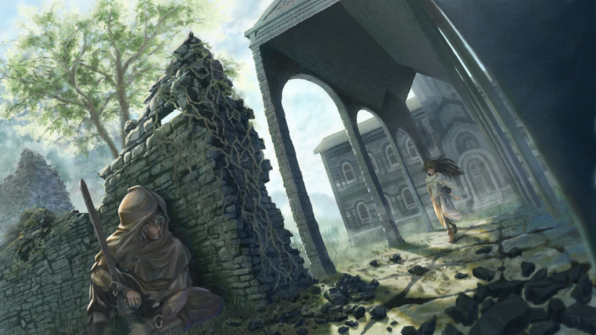 1boy 1girl assassin assassination black_hair building cloak faceless faceless_female fantasy hiding hood hood_up hooded_cloak long_hair long_sleeves original outdoors parted_lips rock short_hair sitting stone_floor stone_wall studiohayama tree walking white_hair