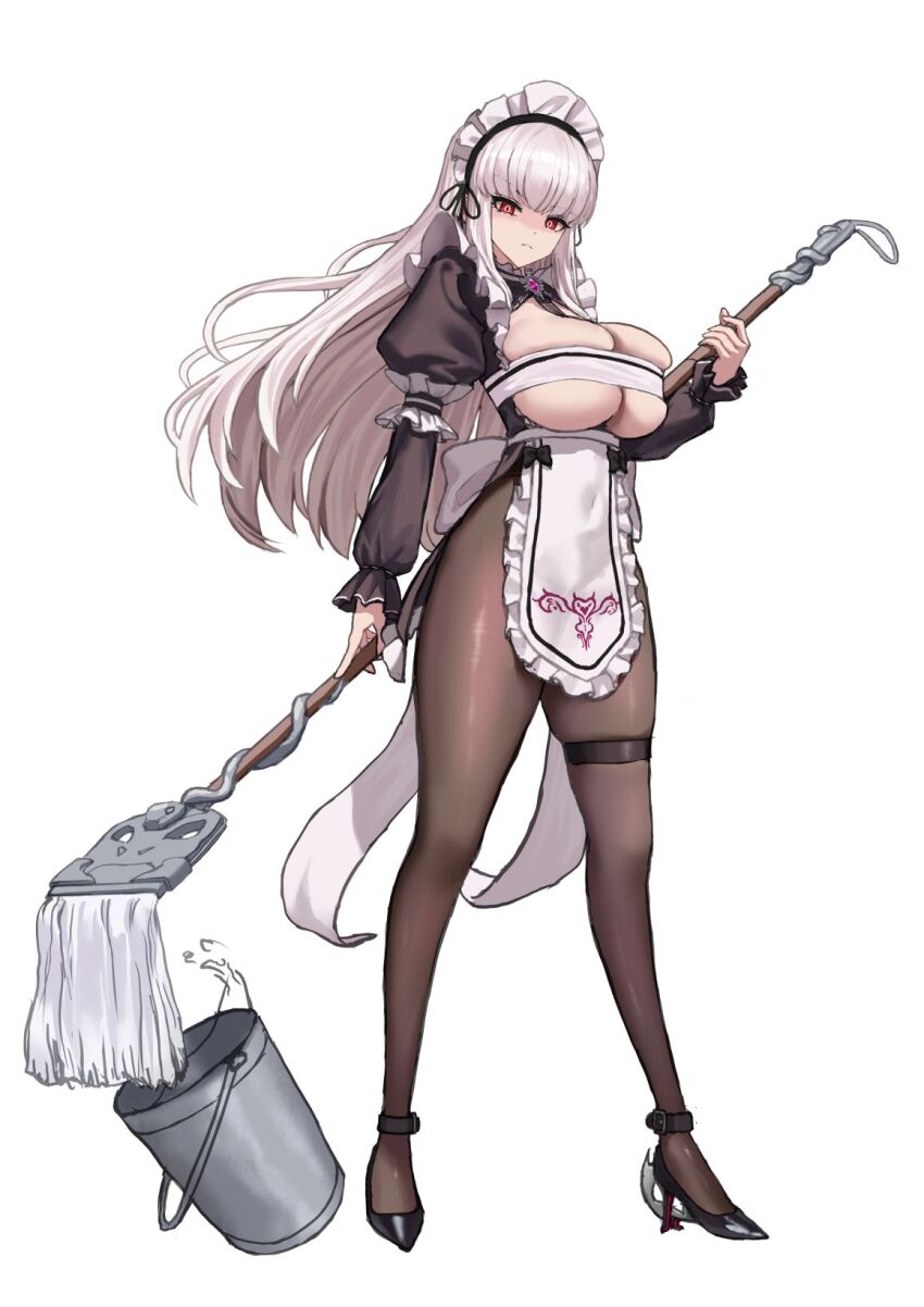 1girl apron black_dress black_shoes blade_(brown_dust) breasts brown_dust_(series) brown_dust_2 bucket cleavage cleavage_cutout clothing_cutout covered_navel deep_skin dress eyebrows_hidden_by_hair full_body glaring grey_hair high_heels highres holding holding_mop irorong large_breasts long_hair looking_at_viewer maid maid_headdress mop pantyhose pubic_tattoo_through_clothing red_eyes shoes simple_background skindentation solo stiletto_heels thigh_strap very_long_hair waist_apron white_apron white_background