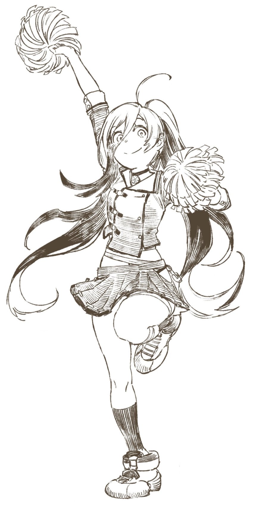 1girl adapted_costume ahoge alternate_costume alternate_hairstyle bad_id bad_twitter_id buttons cheerleader commentary_request cosplay double-breasted female_focus full_body greyscale hair_between_eyes highres kantai_collection kiyoshimo_(kancolle) kneehighs long_hair looking_at_viewer monochrome musashi_(kancolle) musashi_(kancolle)_(cosplay) musashi_kai_ni_(kancolle) pleated_skirt pom_pom_(cheerleading) ponytail skirt smile socks solo standing standing_on_one_leg uyama_hajime