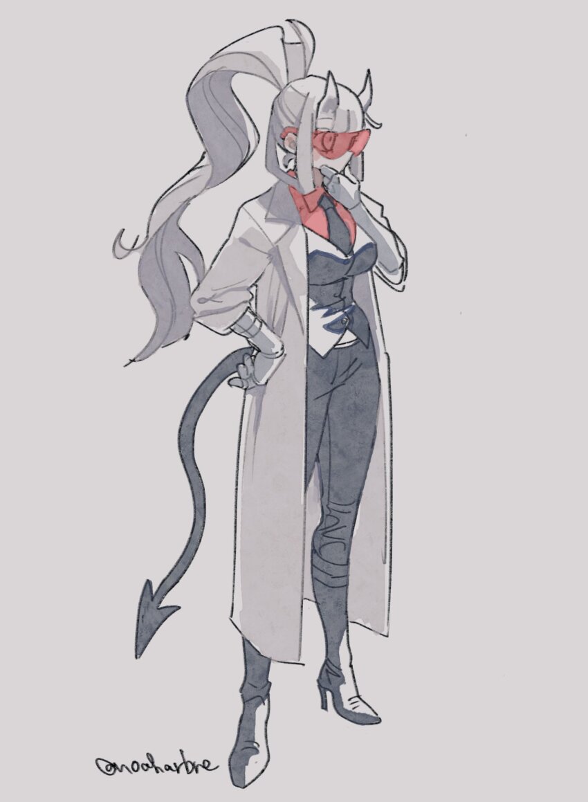 1girl black_boots black_necktie black_tail black_vest boots breasts coat commentary demon_girl demon_horns demon_tail english_commentary full_body hand_on_own_chin helltaker high_heel_boots high_heels high_ponytail highres horns lab_coat long_hair loremaster_(helltaker) mechanical_arms necktie noah_(tettsui-sole) ponytail prosthesis red-tinted_eyewear red_goggles red_shirt shirt simple_background solo tail tinted_eyewear twitter_username vest white_coat white_hair white_horns