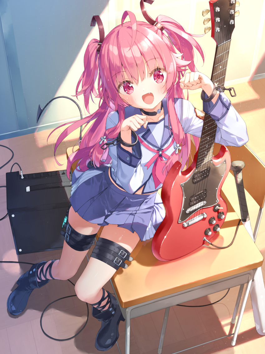 1girl :d amplifier angel_beats! baseball_bat black_boots blush boots chair commentary_request demon_tail desk electric_guitar fang guitar hair_between_eyes high_heel_boots high_heels highres indoors instrument kani_biimu long_hair looking_at_viewer metal_baseball_bat on_desk open_mouth paw_pose pink_hair pleated_skirt purple_sailor_collar purple_skirt red_eyes sailor_collar school_chair school_desk shirt sitting skirt smile solo tail two_side_up very_long_hair white_shirt yui_(angel_beats!)