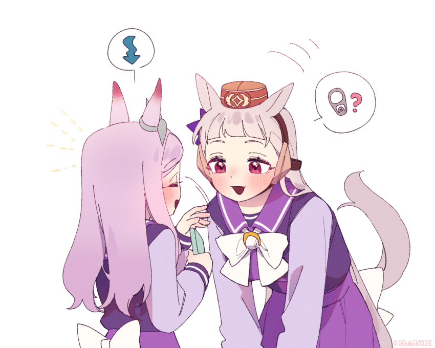 2girls animal_ears breasts ggubii0225 gold_ship_(umamusume) grey_hair highres horse_ears horse_girl horse_tail large_breasts long_hair long_sleeves mejiro_mcqueen_(umamusume) multiple_girls pink_eyes purple_eyes purple_hair school_uniform simple_background speech_bubble tail tracen_school_uniform umamusume white_background