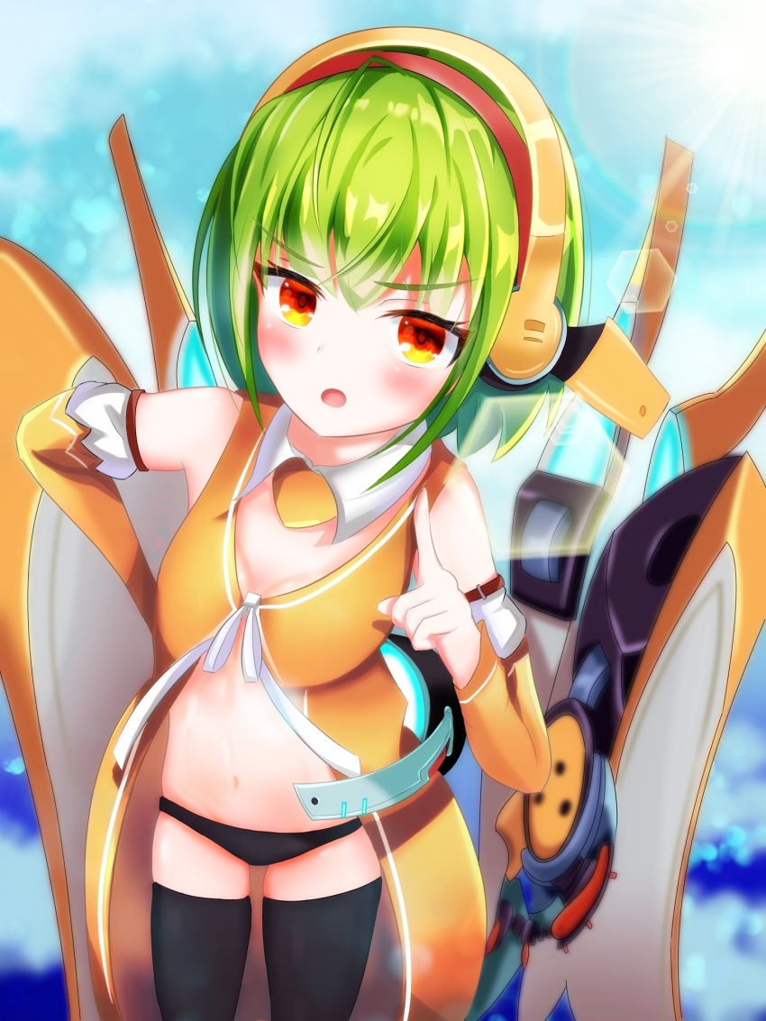 1girl bikini bikini_bottom_only black_bikini black_thighhighs chunithm detached_sleeves green_hair highres lida_vv looking_at_viewer navel no_pants orange_eyes orange_shirt shirt short_hair sky_feather_(chunithm) solo swimsuit thighhighs