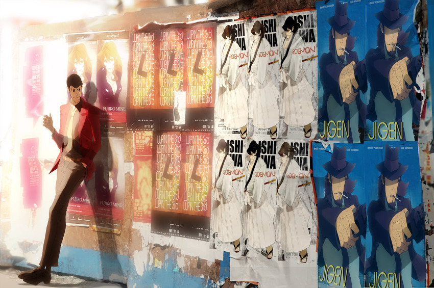 1boy arsene_lupin_iii bad_id bad_pixiv_id black_necktie faddawdle fedora hat ishikawa_goemon_xiii jacket jigen_daisuke lupin_iii male_focus mine_fujiko necktie red_jacket solo tms_entertainment yellow_necktie
