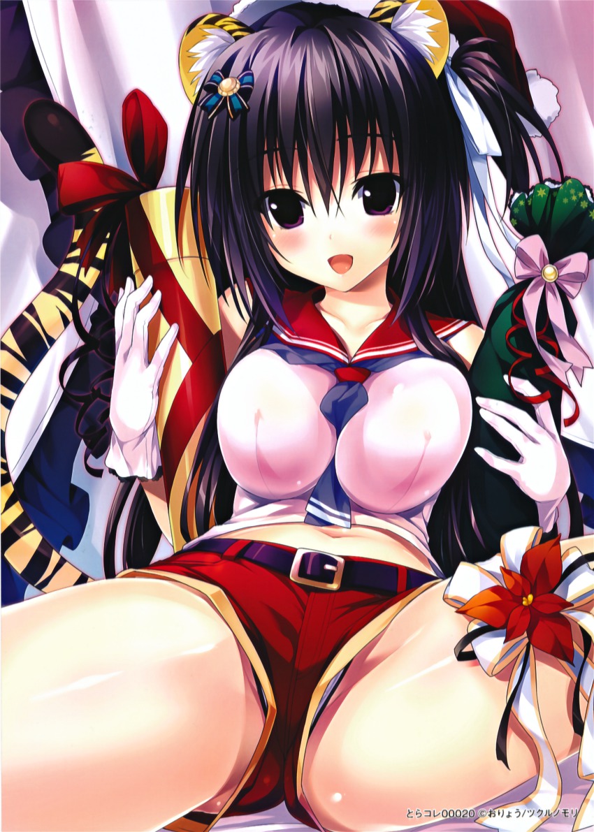 1girl :d absurdres animal_ears belt between_breasts black_hair blush breasts comic_toranoana gift hair_ornament hat highres large_breasts necktie necktie_between_breasts open_mouth oryo_(oryo04) panties pantyshot purple_eyes purple_panties santa_hat short_shorts shorts smile spread_legs square-end_necktie tail tiger_ears tiger_tail underwear upshorts white_panties