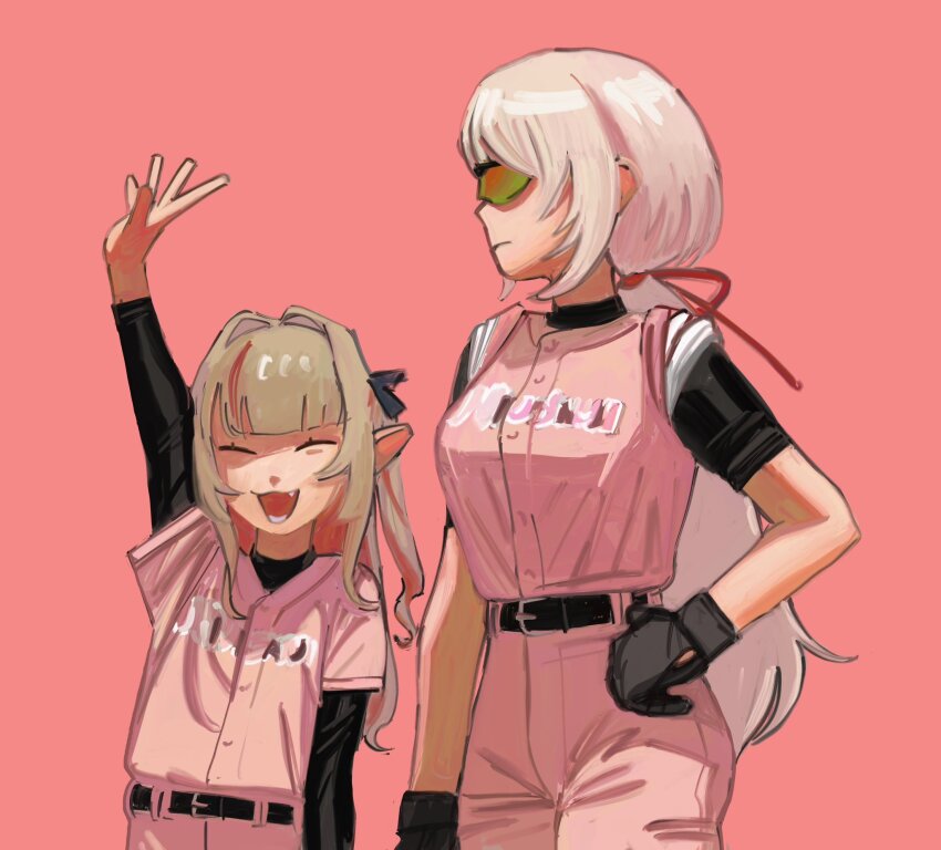 2girls :3 arm_up baseball_uniform belt black_belt black_gloves black_undershirt breasts brown_hair closed_eyes closed_mouth colored_inner_hair cowboy_shot facing_viewer fang flat_chest frown gloves hair_ribbon hand_on_own_hip height_difference highres large_breasts layered_sleeves long_hair long_pointy_ears long_sleeves looking_to_the_side low_ponytail m000oomin makaino_ririmu multicolored_hair multiple_girls nijisanji open_mouth pink_background pink_hair pink_shirt pointy_ears ponytail red_ribbon ribbon shiina_yuika shirt short_over_long_sleeves short_sleeves simple_background sleeves_rolled_up smile sports_sunglasses sportswear sunglasses two_side_up virtual_youtuber