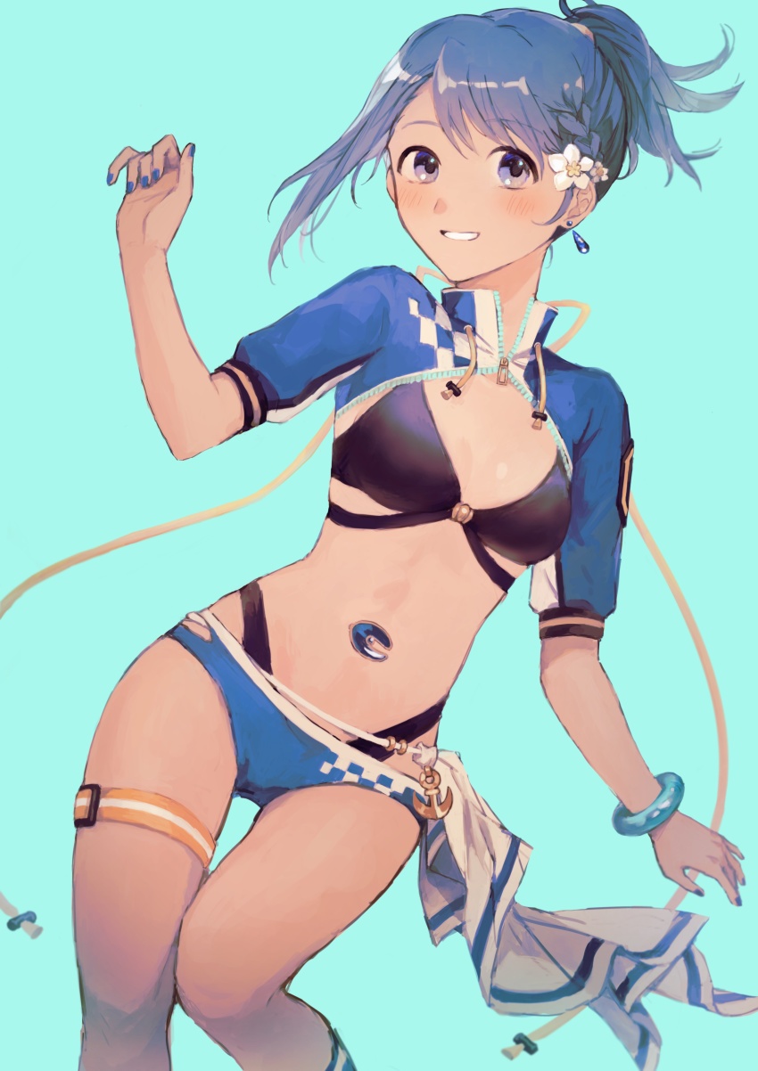 1girl absurdres aqua_background bikini bikini_under_clothes black_bikini blue_eyes blue_hair blue_jacket blue_nails blush bracelet braid breasts cleavage commentary_request cowboy_shot cropped_jacket earrings flower grin hair_flower hair_ornament hand_up highres jacket jewelry looking_at_viewer magia_record:_mahou_shoujo_madoka_magica_gaiden mahou_shoujo_madoka_magica miki_sayaka miki_sayaka_(surfer_ver.) nail_polish ponytail short_hair short_ponytail short_sleeves simple_background single_earring small_breasts smile solo soul_gem swimsuit swimsuit_under_clothes yuu_5o4o3i