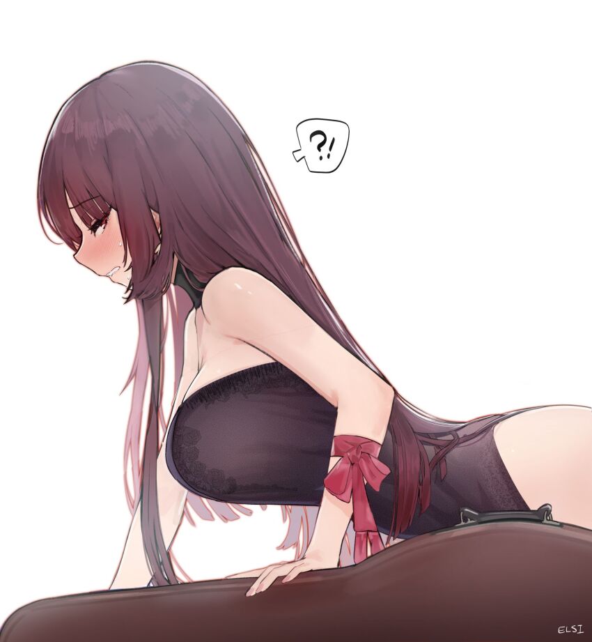 !? 1girl arm_ribbon artist_name black_dress blush brown_hair clenched_teeth commentary dress elsi from_side girls&#039;_frontline girls&#039;_frontline_2:_exilium highres long_hair lying makiatto_(girls&#039;_frontline_2) official_alternate_costume on_stomach red_eyes red_ribbon ribbon sidelocks simple_background spoken_interrobang strapless strapless_dress symbol-only_commentary teeth wa2000_(ballroom_interlude)_(girls&#039;_frontline) wa2000_(girls&#039;_frontline) white_background