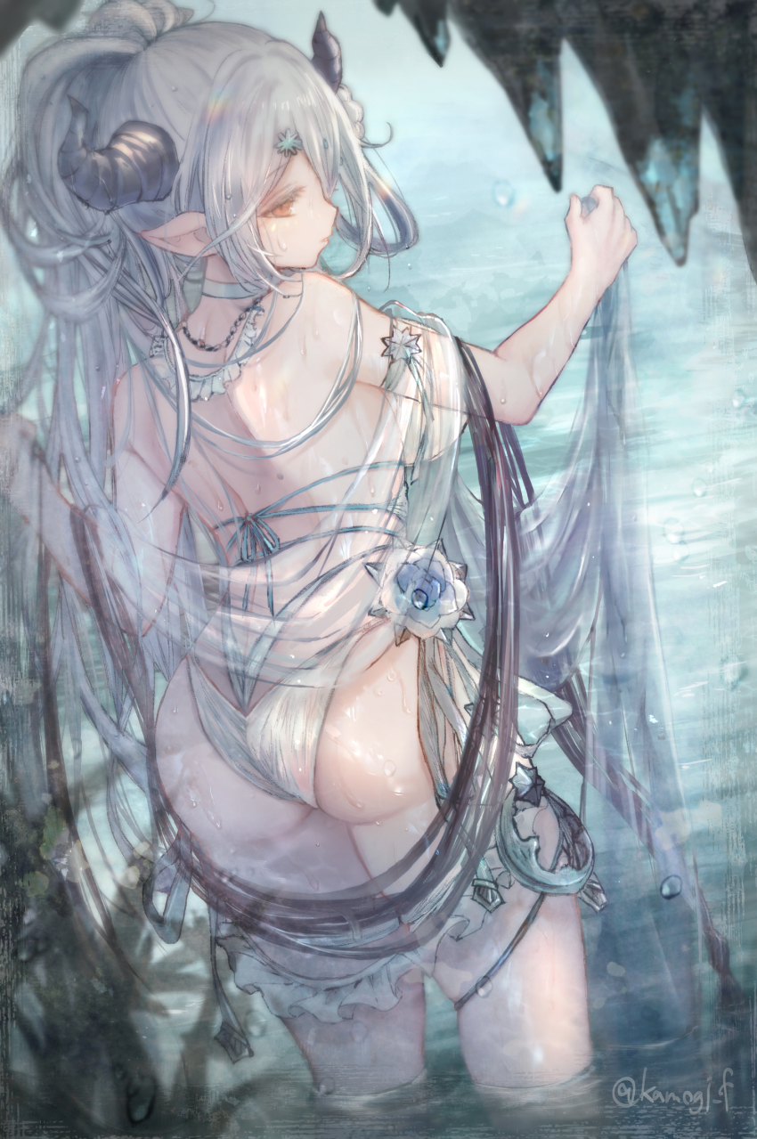 1girl ass bikini choker closed_mouth commentary_request cowboy_shot day draph gamo_tako granblue_fantasy grey_hair half_updo hand_up highres horns izmir izmir_(summer)_(granblue_fantasy) lens_flare long_hair looking_at_viewer looking_back orange_eyes parted_bangs pointy_ears see-through_clothes solo standing swimsuit thighs twitter_username water wet wet_clothes white_bikini white_choker