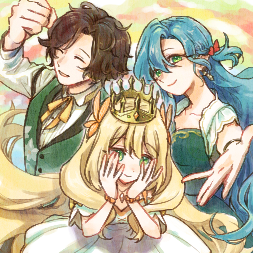1boy 2girls aqua_hair black_hair blonde_hair celine_(fire_emblem) chloe_(fire_emblem) closed_eyes crown dress earrings fire_emblem fire_emblem_engage green_eyes highres jewelry long_hair louis_(fire_emblem) misoshiru_utoma multiple_girls nintendo princess