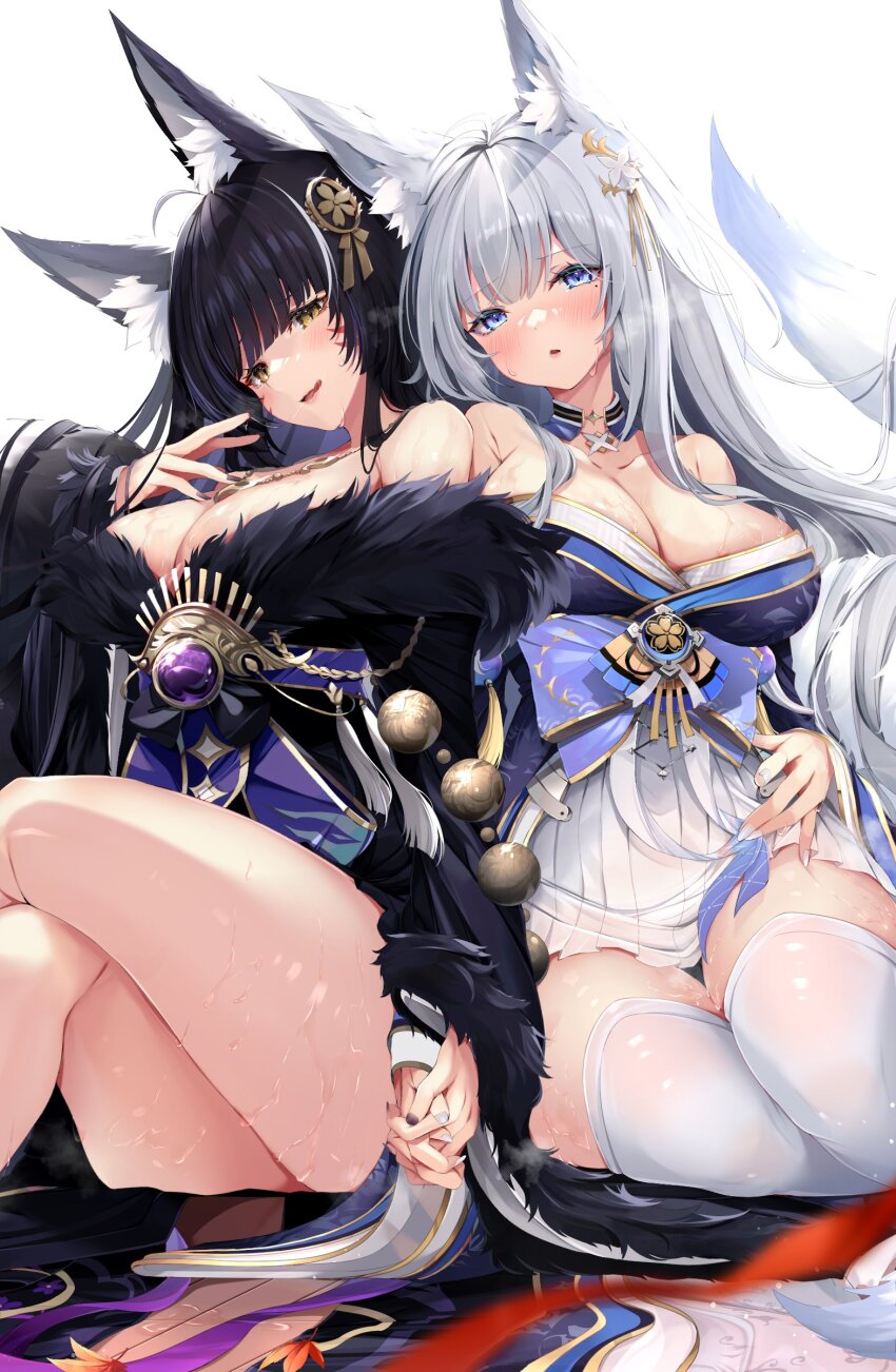 2girls absurdres animal_ear_fluff animal_ears azur_lane beads blue_collar blue_kimono blush breasts brown_eyes collar facial_mark feather_boa fox_ears fox_girl fox_tail fur-trimmed_kimono fur_trim gem highres japanese_clothes jewelry katana kimono kitsune kyuubi large_breasts large_tail long_hair looking_at_viewer low_neckline magatama magatama_necklace multiple_girls multiple_tails musashi_(azur_lane) nail_polish necklace obi prayer_beads purple_eyes purple_gemstone purple_hair rigging sash shiira_(nya_rl) shinano_(azur_lane) simple_background skirt skirt_under_kimono sword tail thighhighs very_long_hair weapon white_skirt white_tail