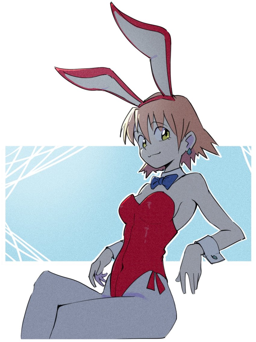 1girl :3 animal_ears bare_shoulders bow bowtie breasts cosplay covered_navel crossed_legs daicon daicon_bunny_girl daicon_bunny_girl_(cosplay) detached_collar earrings fake_animal_ears flcl haruhara_haruko highres invisible_chair jewelry leotard looking_at_viewer medium_breasts pantyhose pink_hair playboy_bunny psylduck rabbit_ears red_leotard short_hair sitting smile solo strapless strapless_leotard wrist_cuffs yellow_eyes