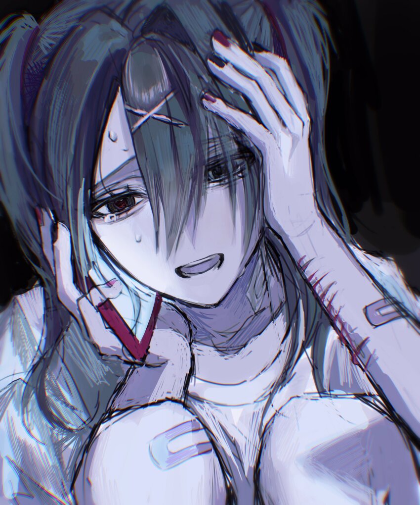 1girl ame-chan_(needy_girl_overdose) bandaid bandaid_on_arm bandaid_on_knee bandaid_on_leg black_eyes black_hair curled_up distress hair_between_eyes hair_ornament hand_on_own_head highres holding holding_phone jacket jacket_partially_removed knees_up multicolored_nails multiple_scars needy_girl_overdose open_mouth pao_(i_loxe_u) phone scar scar_on_arm shirt short_twintails sidelocks solo sweat talking_on_phone twintails white_shirt wrist_cutting x_hair_ornament