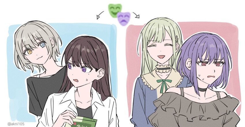 4girls :3 akni bang_dream! bang_dream!_it&#039;s_mygo!!!!! black_choker black_shirt blue_eyes brown_hair choker closed_eyes commentary_request frilled_choker frilled_shirt frills green_hair grey_shirt hair_ornament hairclip heterochromia jacket kaname_raana korean_commentary long_hair mole mole_under_eye mortis_(bang_dream!) mortis_(persona)_(bang_dream!) multiple_girls off-shoulder_shirt off_shoulder open_mouth pink_eyes purple_eyes purple_hair shiina_taki shirt short_hair sweatdrop wakaba_mutsumi white_hair white_jacket yellow_eyes yuutenji_nyamu
