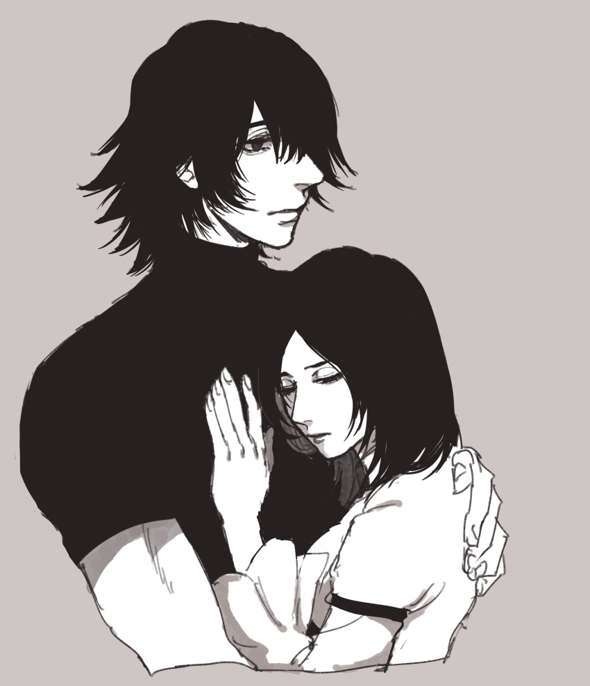 1boy 1girl brother_and_sister caim_(drag-on_dragoon) closed_eyes drag-on_dragoon drag-on_dragoon_1 expressionless furiae greyscale hair_over_one_eye hand_on_another&#039;s_back hand_on_another&#039;s_chest highres hug monochrome otenki93 short_hair siblings turtleneck
