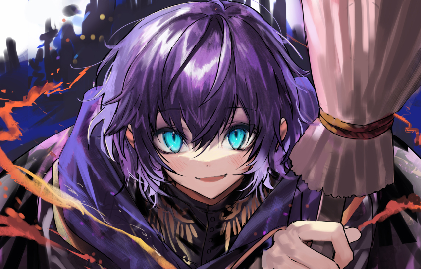 1boy abstract_background absurdres androgynous aqua_eyes black_shirt blush broom epel_felmier hair_between_eyes highres holding holding_broom looking_at_viewer male_focus nana_tetra open_mouth portrait purple_hair purple_robe robe shirt short_hair solo twisted_wonderland