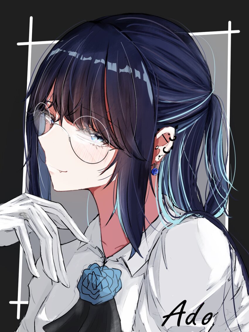 1girl ado_(utaite) barbell_piercing black_border blue_background blue_eyes blue_flower blue_hair blue_rose blush border chando_(ado) character_name closed_mouth collared_shirt commentary_request ear_piercing earrings fang flower flower_brooch glasses gloves half_updo highres industrial_piercing inset_border jewelry long_hair multicolored_hair piercing rose round_eyewear shirt sidelocks solo streaked_hair tanake_(tanakei_ado) upper_body utaite white_gloves white_shirt
