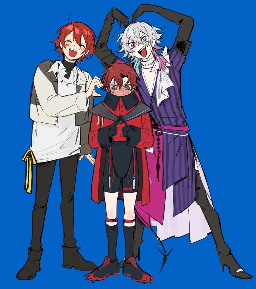 3boys @_@ ahoge argyle_clothes argyle_coat bishounen black_gloves blue_background blue_eyes blue_hair blush boots closed_eyes coat commentary earpiece embarrassed full-face_blush full_body gavis_bettel gavis_bettel_(1st_costume) gloves grey_hair hair_between_eyes hanasaki_miyabi happy heart_arms heart_hands_failure height_difference heterochromia highres holostars holostars_english index_fingers_together jacket lalalilonina legwear_garter looking_at_viewer machina_x_flayon machina_x_flayon_(1st_costume) male_focus mechanical_tail medium_hair multicolored_coat multicolored_hair multiple_boys open_mouth pink_eyes pink_hair red_hair red_jacket ribbon scarf shirt short_hair shy side_part smile standing striped_coat symbol-only_commentary tail vertical-striped_coat virtual_youtuber white_scarf white_shirt yellow_ribbon