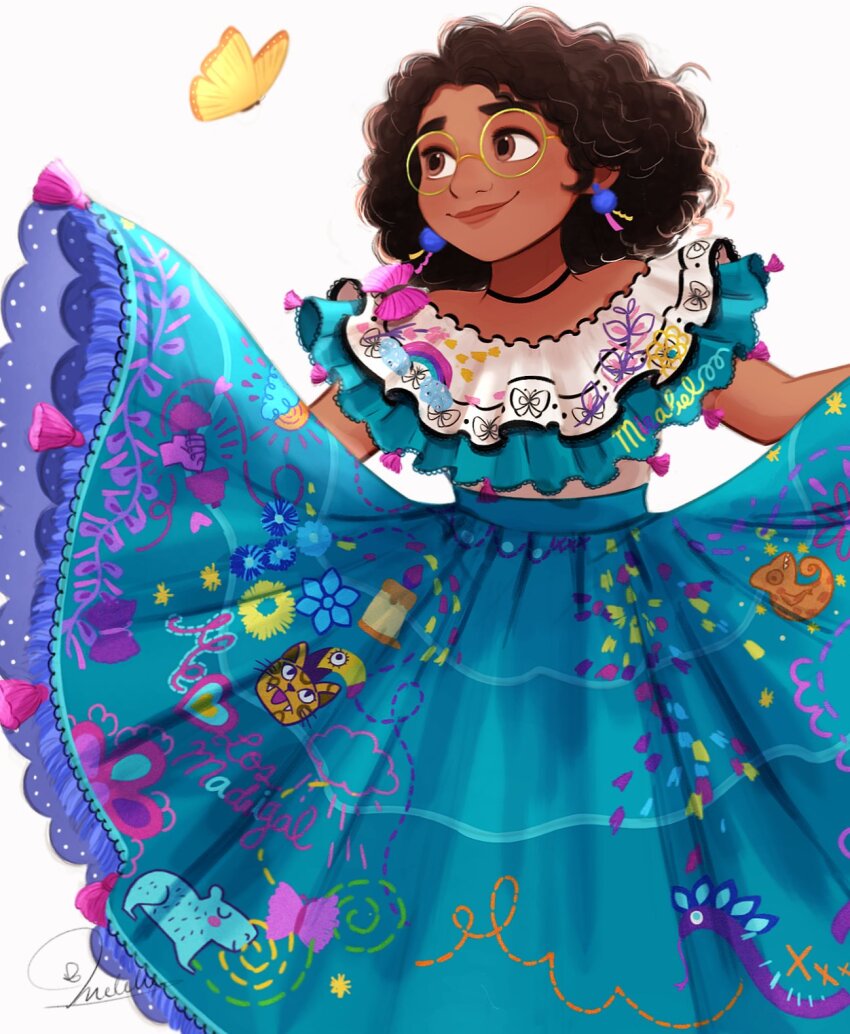1girl aqua_skirt black_choker brown_eyes brown_hair choker dark-skinned_female dark_skin earrings encanto glasses green-framed_eyewear highres jewelry melchencanto mirabel_madrigal print_skirt round_eyewear short_hair signature simple_background skirt solo