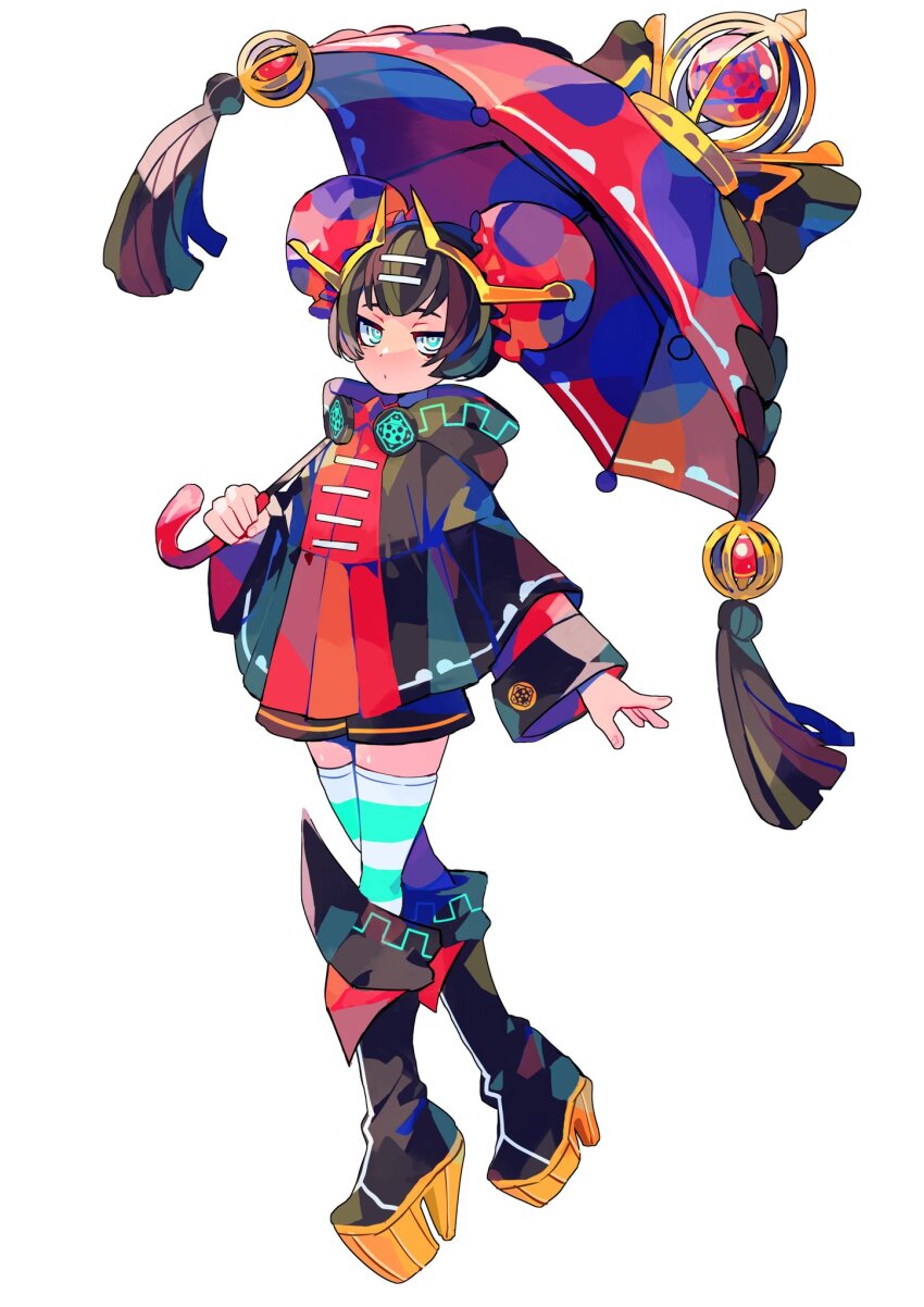 1other aqua_pupils aqua_thighhighs aqua_trim black_coat black_footwear black_hair black_shorts black_wrist_cuffs blue_eyes bun_cover closed_mouth coat dot_mouth dress fold-over_boots full_body gen_8_pokemon gold_headband gold_headwear hand_up high_heels highres holding holding_umbrella hood hood_down hooded_coat humanization jitome looking_at_viewer multicolored_eyes multicolored_hair nintendo open_clothes open_coat orbeetle other_focus platform_footwear pleated_dress pokemon polka_dot polka_dot_umbrella raised_eyebrows red_dress red_umbrella ringed_eyes short_dress short_hair short_shorts shorts simple_background solo streaked_hair striped_clothes striped_thighhighs tachi-e tassel thighhighs two-tone_eyes two-tone_thighhighs umbrella walking white_background white_eyes white_thighhighs wide_sleeves wrist_cuffs yasubaru zettai_ryouiki