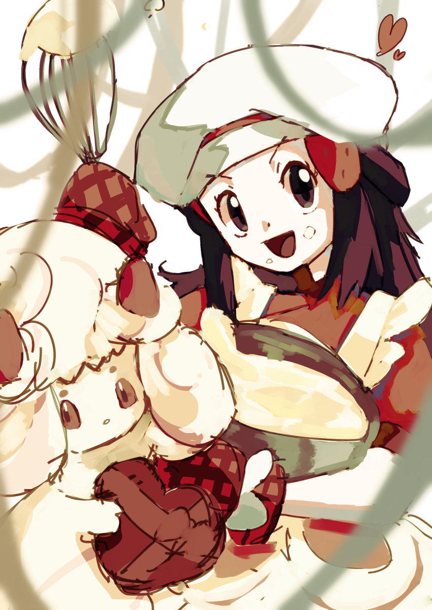 2girls absurdres alcremie alcremie_(strawberry_sweet) alcremie_(vanilla_cream) apron batter black_eyes black_hair blurry blurry_foreground bowl box colored_skin cooking dawn_(palentine&#039;s_2021)_(pokemon) dawn_(pokemon) female_focus food food-themed_hair_ornament food_on_face frilled_apron frills gen_8_pokemon hair_ornament hairclip happy hat heart heart-shaped_box highres holding holding_bowl holding_whisk long_hair looking_at_viewer matching_hair/eyes mittens mixing_bowl multiple_girls napopo nintendo open_mouth plaid_clothes plaid_mittens pokemon pokemon_(creature) pokemon_masters_ex puffy_short_sleeves puffy_sleeves red_eyes red_mittens red_shirt shirt short_sleeves sidelocks sketch smile strawberry_hair_ornament v-shaped_eyebrows whisk white_apron white_background white_hair white_hat white_skin