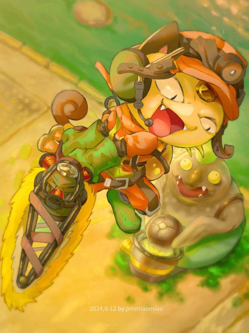 1other animal_ears artist_name belt big_shot_(splatoon) black_eyes blurry blurry_background body_fur boots bulging_eyes cannon cannonball cat_ears cat_tail clothed_animals colored_sclera crossover dated day earpiece fangs fish full_body gen_1_pokemon gloves green_boots green_gloves green_vest grizzco_splatana_(splatoon) headlamp headphones helmet high-visibility_clothing high-visibility_vest highres holding holding_weapon jumping jumpsuit long_sleeves looking_at_another looking_down meowth nintendo open_mouth orange_helmet orange_jumpsuit other_focus outdoors overalls pmmiaomiao pokemon pokemon_(creature) red_eyes salmon_run_(splatoon) slit_pupils solo_focus splatoon_(series) splatoon_3 tail two-handed vest wall-eyed watermark weapon whiskers yellow_fur yellow_sclera