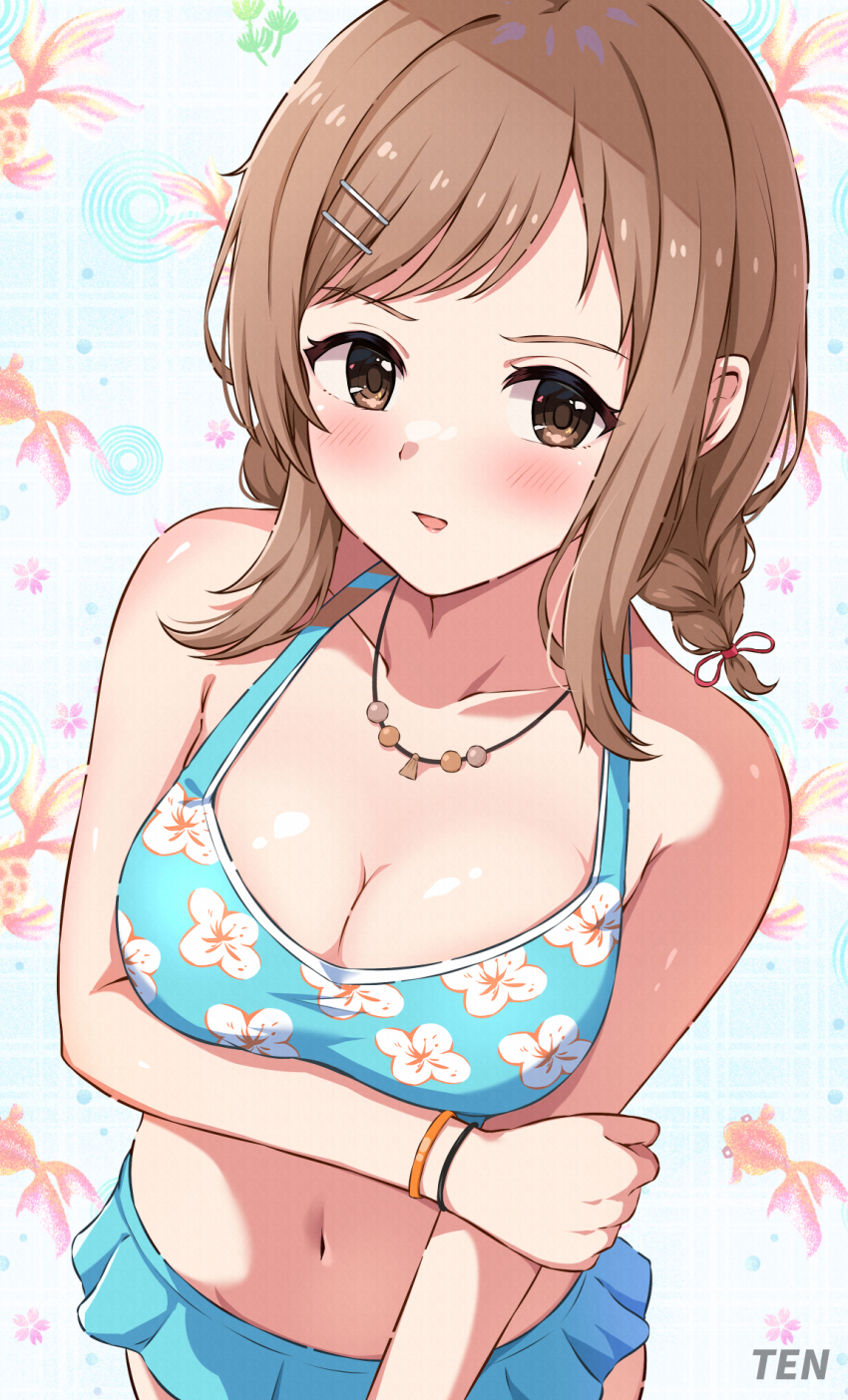 1girl anime_coloring artist_name bikini bikini_skirt blue_bikini blush breasts brown_eyes brown_hair cleavage collarbone fish_background floral_print hair_ornament hairclip highres idolmaster idolmaster_shiny_colors jewelry large_breasts navel necklace parted_lips print_bikini sakuragi_mano solo standing swimsuit tsuruyama_(tenten) watermark