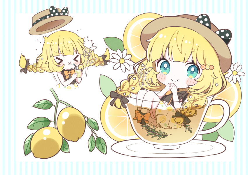 &gt;_&lt; 1girl aobahosino black_bow black_shirt black_shoes blonde_hair blue_eyes blunt_bangs blush_stickers bow brown_hat chibi chibi_only closed_eyes closed_mouth commentary cup dot_nose drinking_glass drinking_straw food food_print footwear_bow fruit fruit_print full_body hat hat_bow highres holding holding_cup in_container in_cup leaf lemon lemon_print lemonade long_hair looking_at_viewer orange_bow original own_hands_together pleated_skirt polka_dot polka_dot_bow print_skirt saucer shirt shoes sitting skirt smile socks symbol-only_commentary thick_eyebrows white_socks x_mouth yellow_skirt