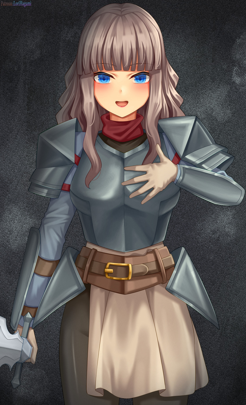 1girl :d absurdres armor artist_name bad_tag bandana belt belt_buckle black_background black_legwear black_pantyhose blue_eyes blunt_bangs blush boobplate breastplate breasts brown_belt brown_gloves brown_hair brown_skirt buckle commission commissioner_upload cowboy_shot female gloves hand_on_chest hand_on_own_chest hand_up helmet highres holding holding_sword holding_weapon leather leather_belt long_hair long_sleeves looking_at_viewer lori_hagami medium_breasts neckwear official_art open_mouth pantyhose patreon_username pauldrons plate_armor red_bandana red_headwear red_neckwear red_scarf reyanna_ryger scarf shoulder_armor sidelocks skirt smile solo standing sword teeth upper_teeth_only username wavy_hair ways_of_darkness_(series) weapon