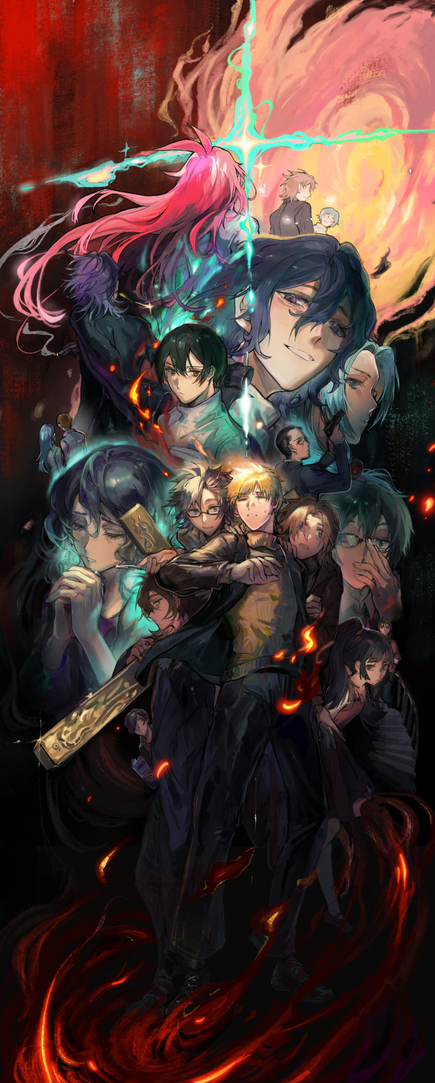 5girls 6+boys absurdres adjusting_eyewear aiba_ibuki alternate_eye_color alternate_hair_color antenna_hair aqua_eyes atou_haruki black_hair black_jacket black_pants black_shoes blonde_hair blue_eyes blue_hair brown_eyes brown_hair brown_sweater chinese_commentary cigarette closed_eyes commentary_request crescent_(crescent979) curtained_hair dress earrings enomoto_george enomoto_kazue enomoto_noa everyone glasses glint green_eyes green_hair grey_hair grey_jacket grin gun hair_between_eyes hair_over_one_eye handgun harada_minoru hatsutori_hajime highres holding holding_cigarette holding_gun holding_scalpel holding_weapon isoi_rai isoi_reiji jabuchi_you jacket jacket_on_shoulders jewelry kanou_aogu kumazaki_karen kumazaki_riku kurachi_terumi lapels long_hair mary_janes medium_hair multiple_boys multiple_girls notched_lapels open_clothes open_jacket otowa_rui_(saibou_shinkyoku) pants parted_bangs pink_hair ponytail purple_eyes purple_hair purple_shirt red_dress saibou_shinkyoku shinano_eiji shirt shoes short_hair sleeveless sleeveless_dress smile smoke stairs sweat sweater theodore_riddle turtleneck turtleneck_sweater utsugi_noriyuki very_long_hair weapon white_shirt yanagi_nina