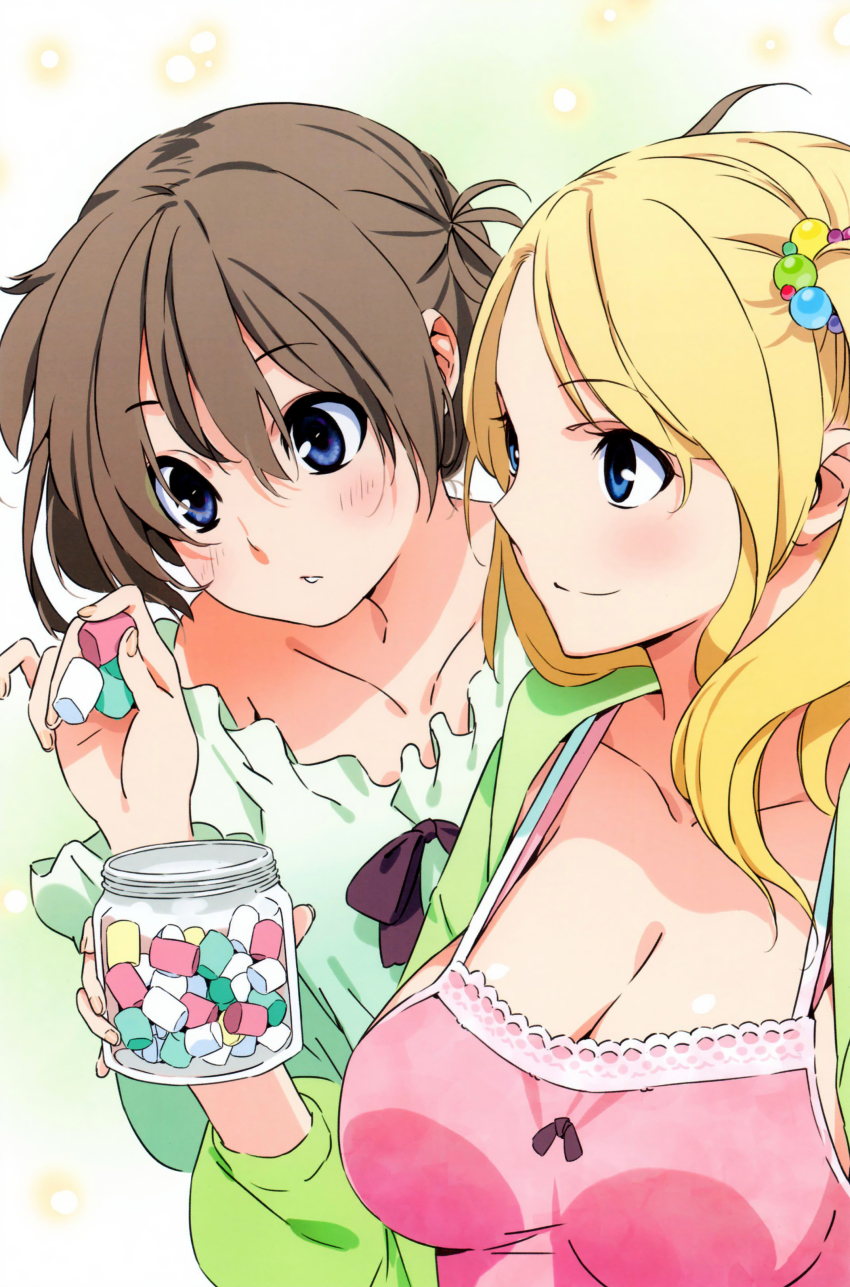 2girls :&lt; absurdres amakawa_chinatsu bare_shoulders blonde_hair blue_eyes blush breasts brown_hair camisole cleavage collarbone hair_ornament highres large_breasts lisa_cayce_foster long_hair memories_off memories_off_yubikiri_no_kioku morii_shizuki multiple_girls one_side_up parted_lips scan smile twintails
