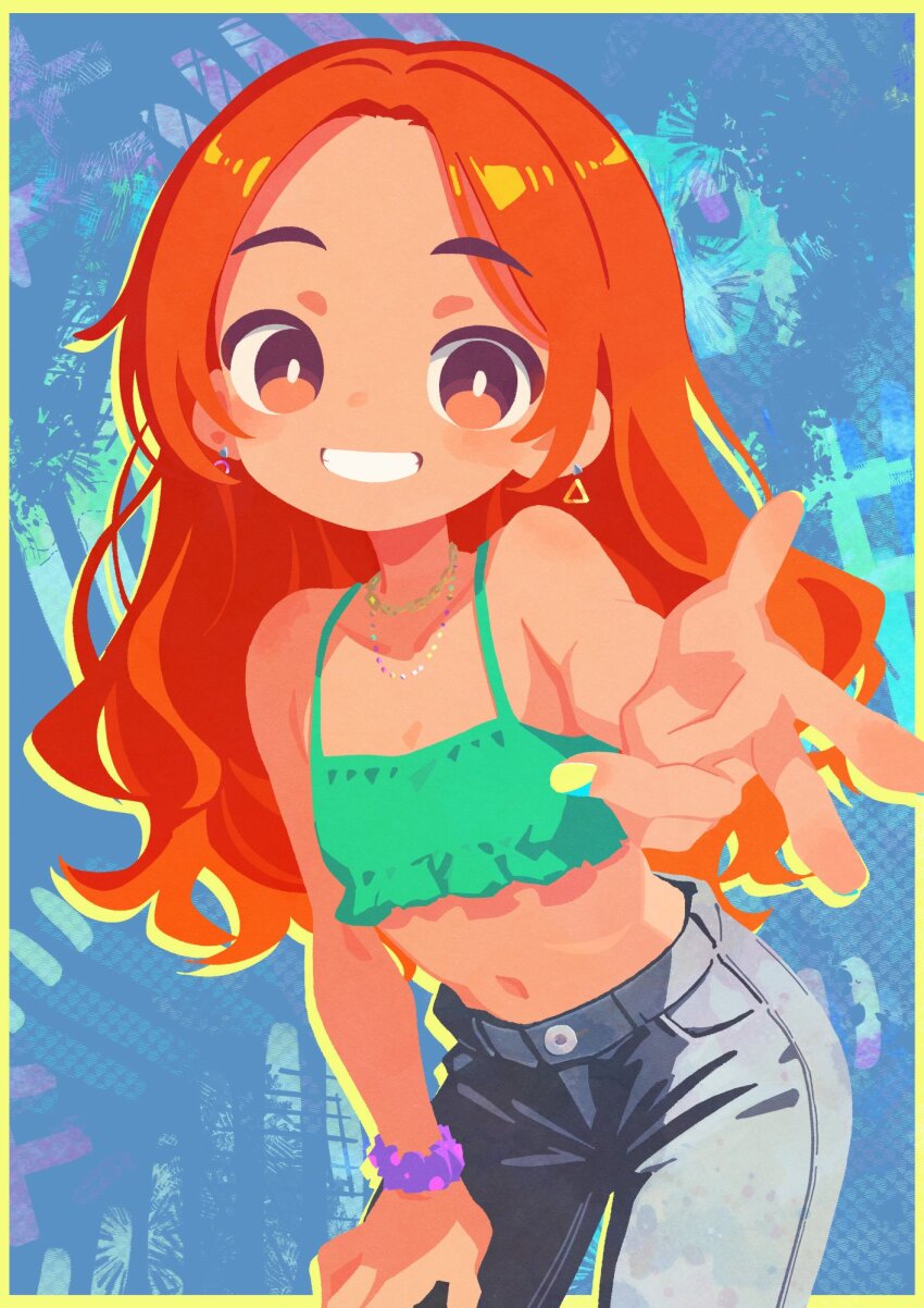 1girl aqua_shirt bare_shoulders bead_necklace beads blue_background blue_nails blue_pants border bright_pupils chain chain_necklace commentary_request crop_top drop_shadow earrings flat_chest grin highres jewelry long_hair looking_at_viewer midriff multicolored_nails multiple_necklaces navel necklace orange_eyes orange_hair original outstretched_arm pants parted_bangs purple_scrunchie scrunchie shirt smile solo takarai_shunsuke triangle_earrings white_pupils wrist_scrunchie yellow_border yellow_nails