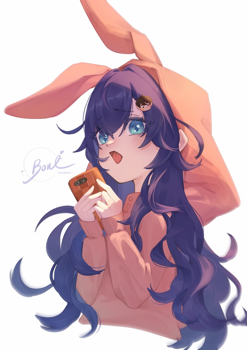 1girl absurdres aijou_rentarou animal_hood blue_eyes blue_hair character_hair_ornament chinese_commentary commentary_request cropped_torso fang hair_between_eyes hair_ornament hairclip highres holding holding_phone hood hood_up hoodie kimi_no_koto_ga_dai_dai_dai_dai_daisuki_na_100-nin_no_kanojo long_hair long_sleeves luoboni_3571 open_mouth orange_hoodie phone rabbit_hood signature simple_background skin_fang solo upper_body very_long_hair wavy_hair white_background yoshimoto_shizuka