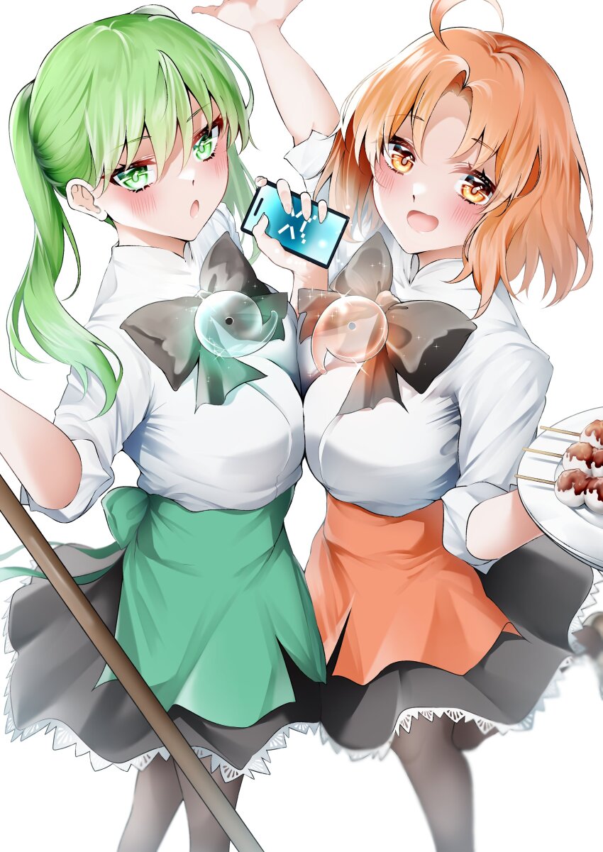 2girls absurdres ahoge apron black_skirt blush breasts cellphone dango fate/grand_order fate_(series) food green_apron green_eyes green_hair hibino_hibiki highres katsuragi_chikagi large_breasts len_(hand_linke) long_hair looking_at_viewer magatama medium_breasts mop multiple_girls open_mouth orange_apron orange_eyes orange_hair pantyhose phone plate shirt short_hair skirt smile twintails type-moon wagashi white_shirt