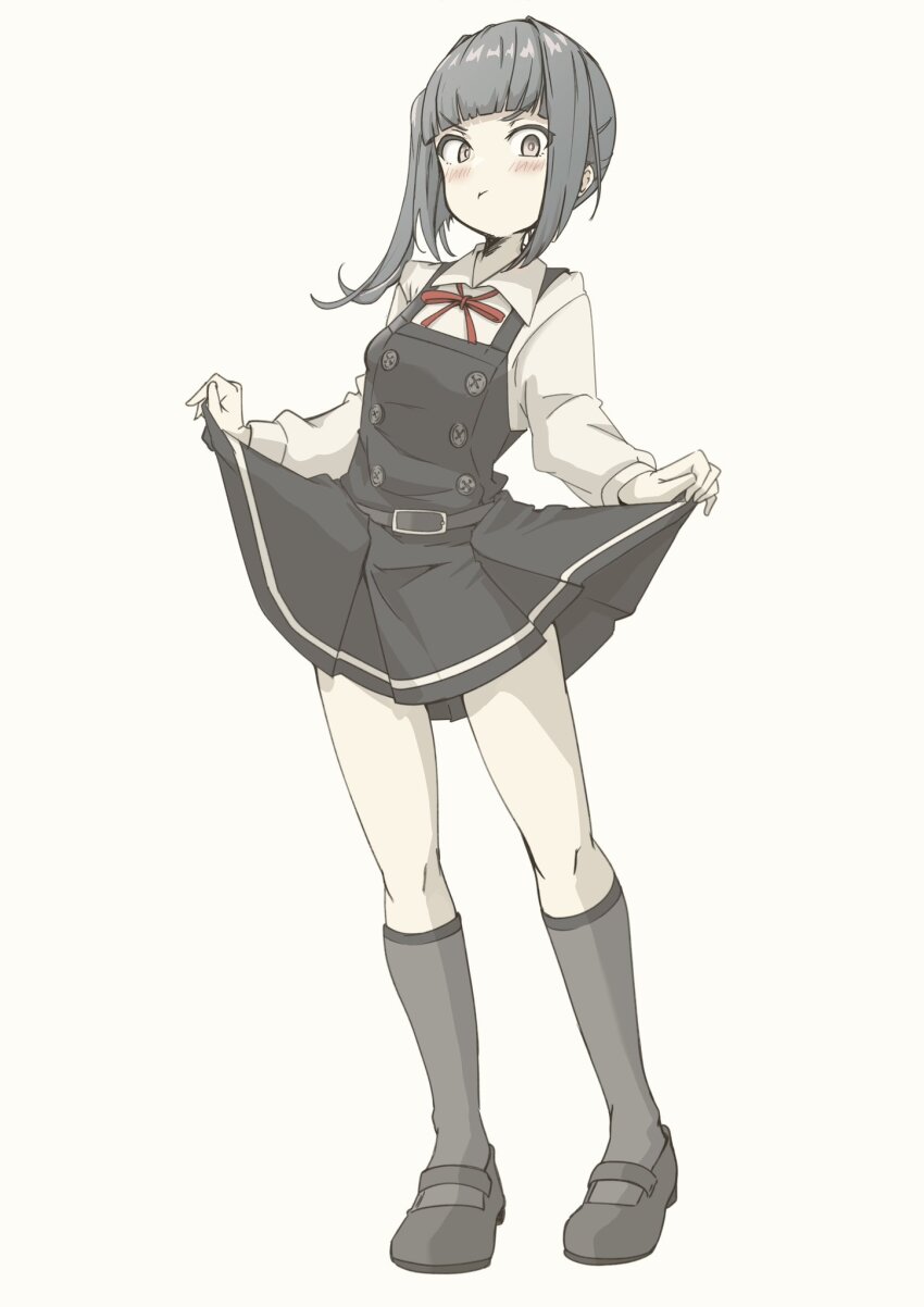 1girl black_ribbon brown_eyes chakoru collared_shirt dress dress_shirt full_body grey_hair highres kantai_collection kasumi_(kancolle) kasumi_kai_ni_(kancolle) long_hair long_sleeves pinafore_dress red_ribbon ribbon shirt side_ponytail simple_background skirt_hold sleeveless sleeveless_dress solo white_background white_shirt