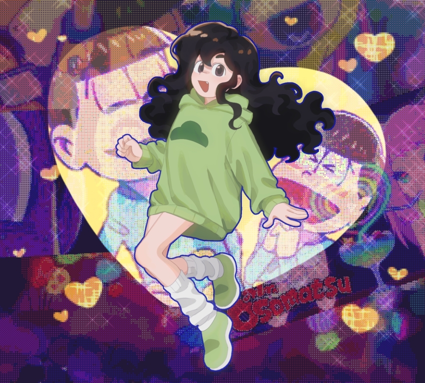 1boy 1girl bikini black_eyes black_hair closed_eyes fang green_hoodie green_shoes heart highres hood hoodie kanarynn long_hair looking_at_viewer loose_socks matsuno_choromatsu open_mouth original osomatsu-san osomatsu_(series) shoes socks solo_focus swimsuit