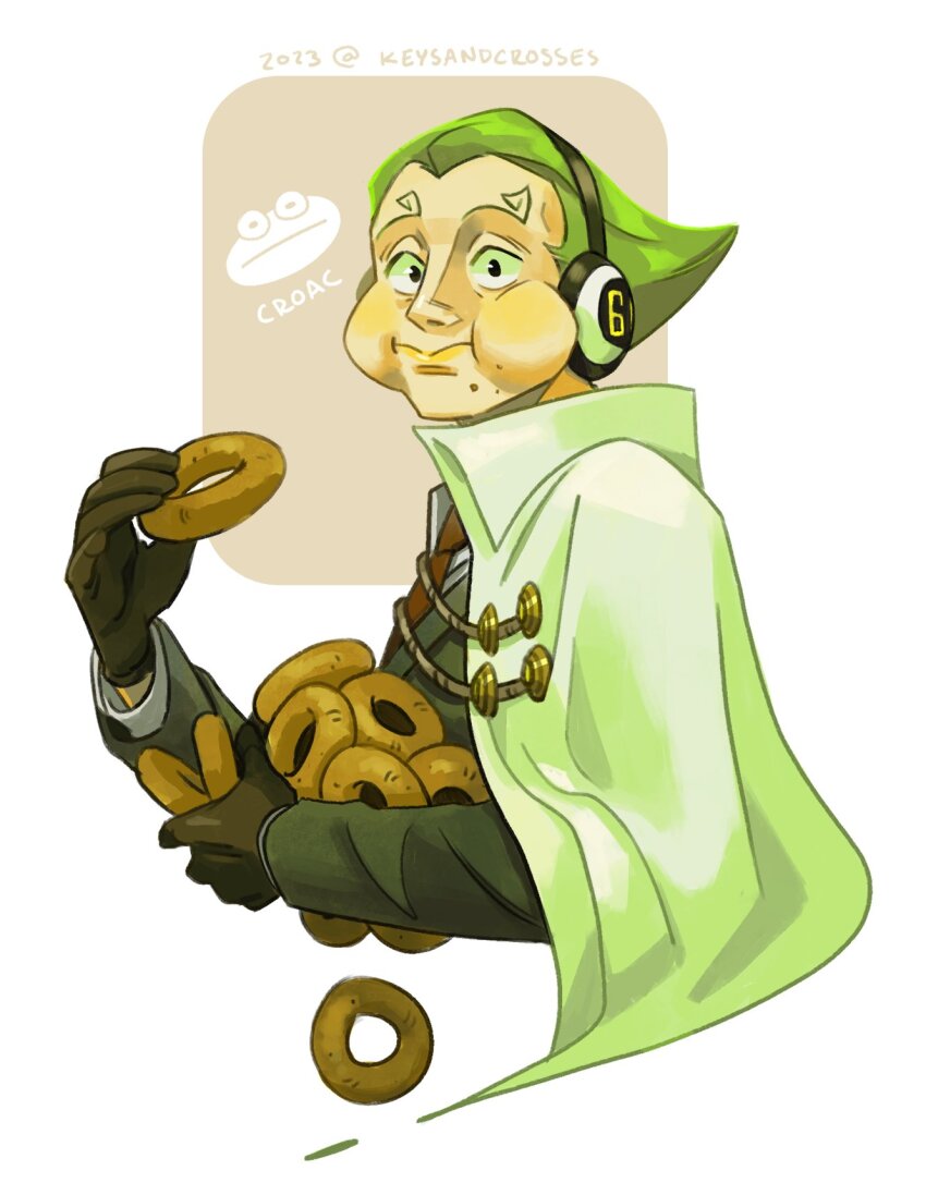 1boy artist_name black_eyes black_gloves cape cheek_bulge cradling crumbs curly_eyebrows donut eating food formal_clothes gloves green_hair green_suit hair_slicked_back headphones highres holding holding_food keysandcrosses male_focus necktie one_piece red_necktie solo suit twitter_username upper_body vinsmoke_yonji white_background white_cape widow&#039;s_peak