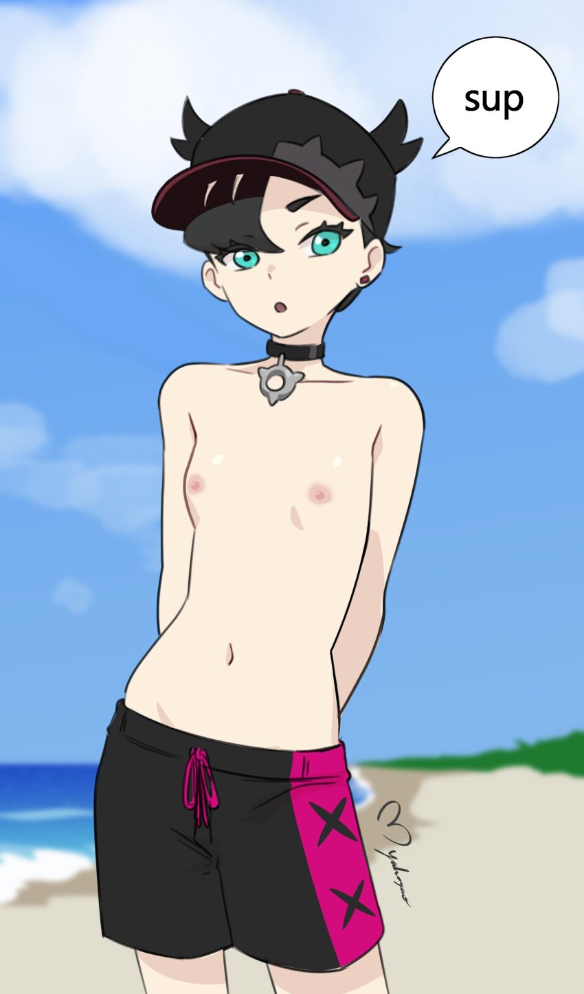 1girl absurdres alternate_hairstyle arms_behind_back artist_name asymmetrical_bangs bare_shoulders beach black_choker black_hair black_hat black_male_swimwear black_shorts blue_eyes blue_sky blurry blurry_background breasts choker cloud collarbone commentary cowboy_shot day drawstring earrings english_text hat highres jewelry maho_malice male_swimwear male_swimwear_challenge marnie_(pokemon) navel nintendo nipples ocean open_mouth outdoors pink_male_swimwear pokemon pokemon_swsh public_indecency reverse_trap revision short_hair shorts signature sky small_breasts solo speech_bubble standing stud_earrings swim_trunks topless_female visor_cap
