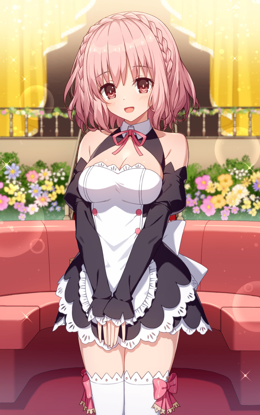 1girl :d apron bare_shoulders black_dress black_sleeves blue_flower blurry blurry_background braid breasts cleavage commentary_request commission crown_braid date_a_live date_a_live:_rinne_utopia depth_of_field detached_sleeves dream_c_club dream_c_club_(series) dress flower frilled_apron frills hair_between_eyes highres juliet_sleeves long_sleeves looking_at_viewer medium_breasts neck_ribbon open_mouth pink_flower pink_hair pink_ribbon pixiv_commission puffy_sleeves railing red_eyes ribbon sleeves_past_wrists smile solo sonogami_rinne t@ke-g thighhighs white_apron white_flower white_thighhighs yellow_flower