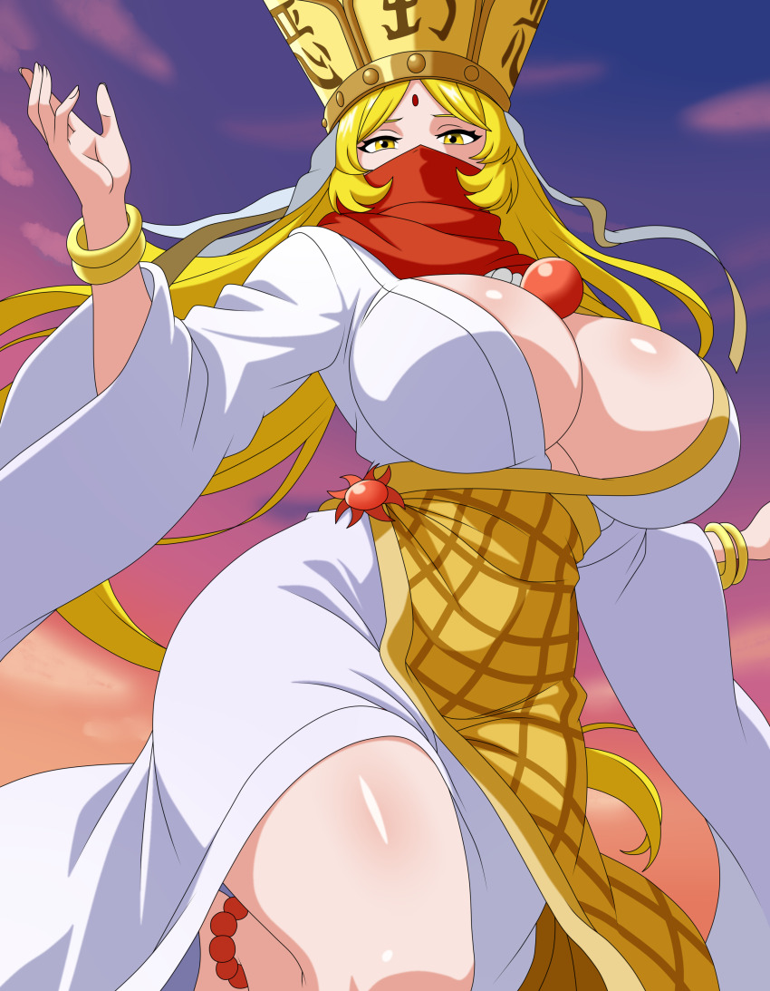 1girl absurdres anklet barefoot bead_anklet beads blonde_hair blue_sky bracelet breasts cleavage cloud cloudy_sky commentary covered_mouth cowboy_shot crown digimon digimon_(creature) dusk facial_mark forehead_mark gradient_sky highres japanese_clothes jewelry kimono large_breasts long_hair looking_at_viewer mask monk mouth_mask necklace outdoors parted_bangs red_scarf sanzomon scarf scarf_over_mouth sidelocks sky solo standing standing_on_one_leg tsubasadraw white_kimono wide_sleeves yellow_eyes