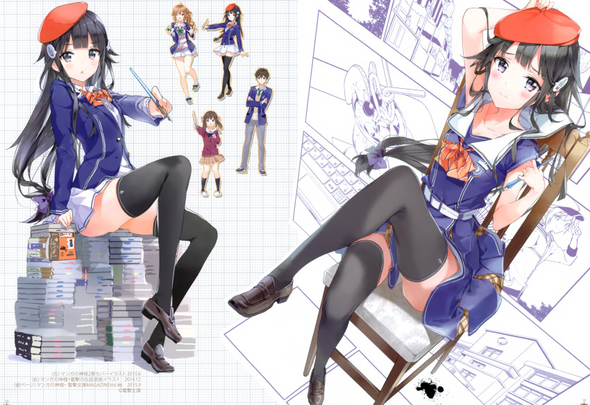 1girl absurdres bare_arms black_hair blush hat highres holding holding_pen kiryu_moegi long_hair manga_no_kami-sama moriwaka_yuzuriha open_mouth pen ribbon sailor_collar school_uniform sitting sketch skirt solo thighhighs tiv