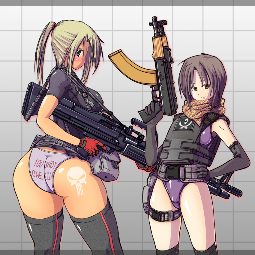 ak-74 ass assault_rifle blonde_hair blush brown_hair grey_panties gun kalashnikov_rifle kikorafale long_hair m60_(machine_gun) machine_gun military military_uniform multiple_girls original panties ponytail rifle short_hair skull tan tanline tattoo thighhighs tom_keith underwear vest weapon