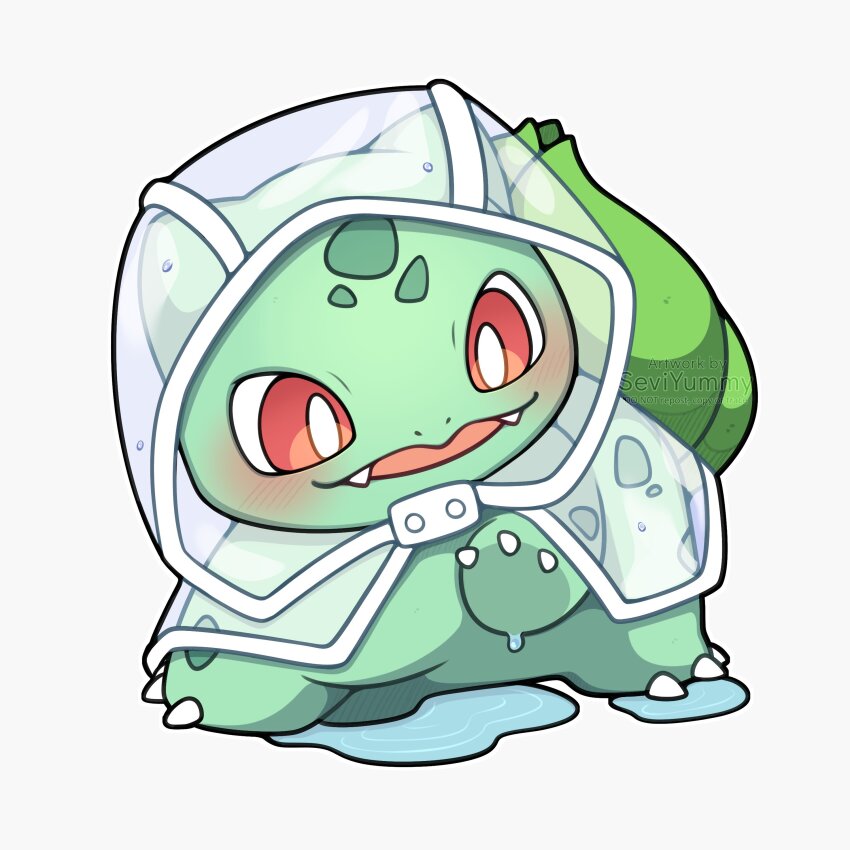 absurdres animal_focus blush bright_pupils bulbasaur claws clothed_pokemon gen_1_pokemon highres nintendo no_humans open_mouth pokemon pokemon_(creature) raincoat red_eyes sevi_(seviyummy) smile water wet white_pupils